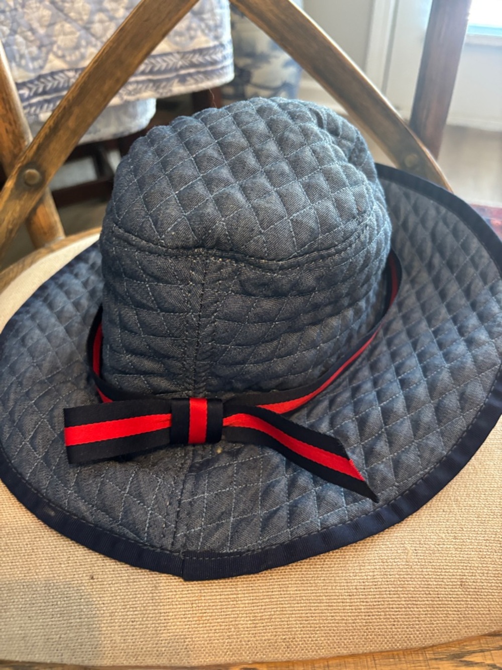 Quilted Navy Sun Hat with Red & Black Ribbon